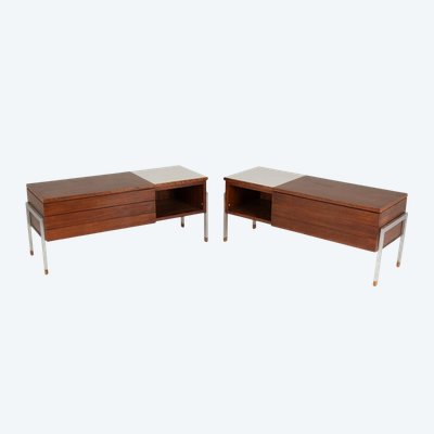 Coppia di cassettiere basse in teak e metallo cromato. Anni '60.LS6495708M