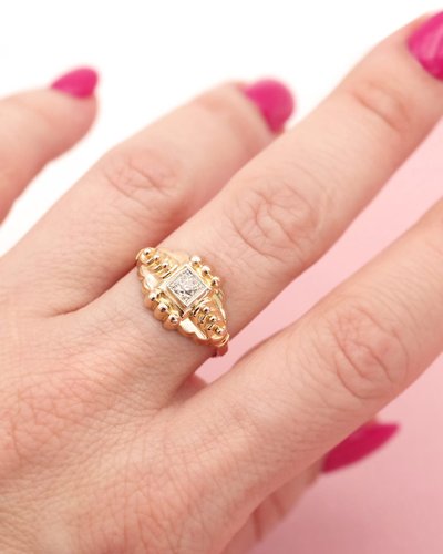 Anello solitario retrò con diamante in oro 18 carati, anello stile carro armato, anello vintage