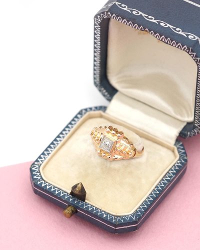 Anello solitario retrò con diamante in oro 18 carati, anello stile carro armato, anello vintage