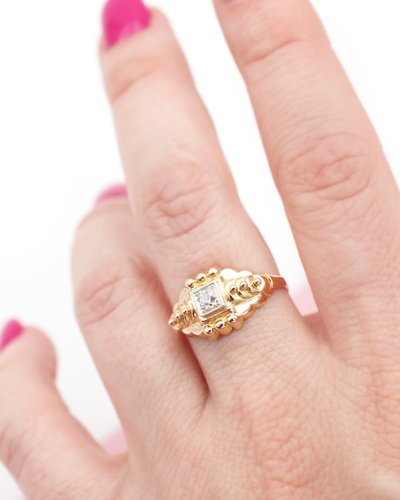 Anello solitario retrò con diamante in oro 18 carati, anello stile carro armato, anello vintage