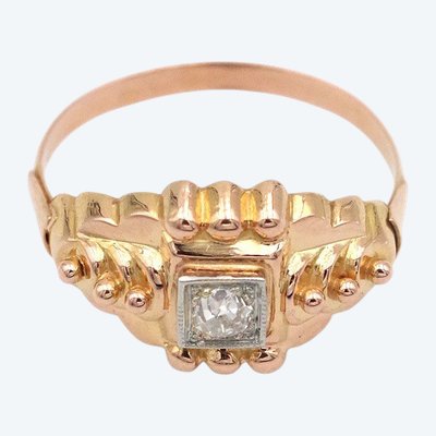 Anello solitario retrò con diamante in oro 18 carati, anello stile carro armato, anello vintage