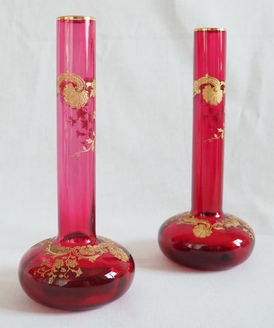 Pair of pink Saint Louis crystal vases - Massenet Gold gilt model