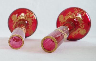 Pair of pink Saint Louis crystal vases - Massenet Gold gilt model