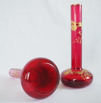 Pair of pink Saint Louis crystal vases - Massenet Gold gilt model