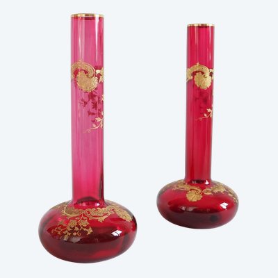 Pair of pink Saint Louis crystal vases - Massenet Gold gilt model
