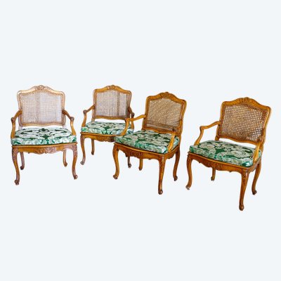 Mobilier de salon - 4 fauteuils cannés d'époque Régence Louis XV