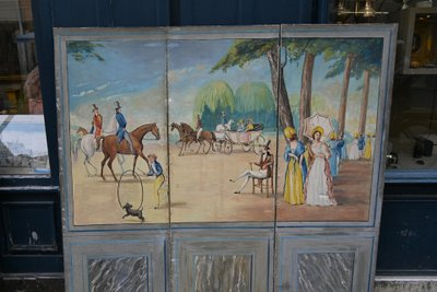 Paravento a tre foglie in tela dipinta del XIX secolo