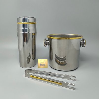 1970er Jahre Wunderschöner Cocktail-Shaker in Gold 24K und Edelstahl mit Eiskübel von Mepra. Hergestellt in Ita