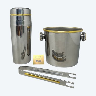 1970er Jahre Wunderschöner Cocktail-Shaker in Gold 24K und Edelstahl mit Eiskübel von Mepra. Hergestellt in Ita