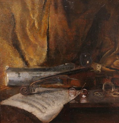 Emile BOULARD 1863-1943 Natura morta con violino, dipinto del 1900 circa Strumento musicale