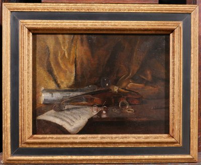 Emile BOULARD 1863-1943 Natura morta con violino, dipinto del 1900 circa Strumento musicale