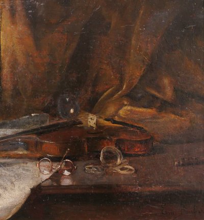 Emile BOULARD 1863-1943 Natura morta con violino, dipinto del 1900 circa Strumento musicale
