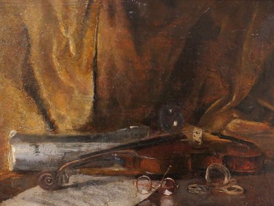 Emile BOULARD 1863-1943 Natura morta con violino, dipinto del 1900 circa Strumento musicale