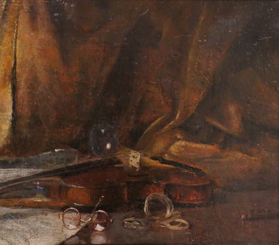 Emile BOULARD 1863-1943 Natura morta con violino, dipinto del 1900 circa Strumento musicale