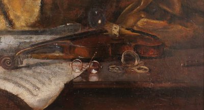 Emile BOULARD 1863-1943 Natura morta con violino, dipinto del 1900 circa Strumento musicale