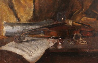 Emile BOULARD 1863-1943 Natura morta con violino, dipinto del 1900 circa Strumento musicale