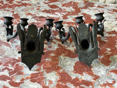 Pair Of Restoration - Empire Period Patinated Bronze Sconces