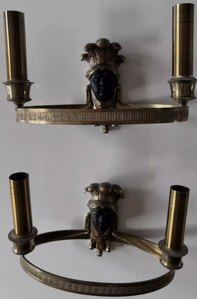 Maison BAGUES, Aux Indiens wall lights in gilded and patinated bronze