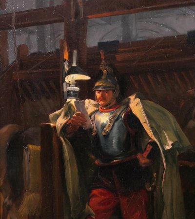 Marius Roy 1853-1921 Soldato che legge una lettera la sera nella stalla, dipinto militaria cavallo esercito