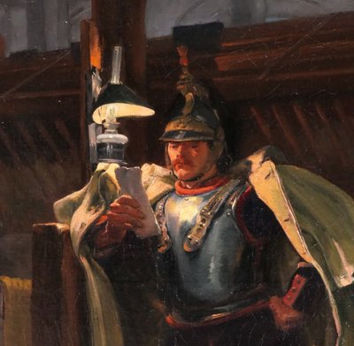 Marius Roy 1853-1921 Soldato che legge una lettera la sera nella stalla, dipinto militaria cavallo esercito