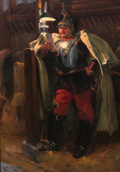 Marius Roy 1853-1921 Soldato che legge una lettera la sera nella stalla, dipinto militaria cavallo esercito