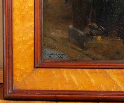 Marius Roy 1853-1921 Soldato che legge una lettera la sera nella stalla, dipinto militaria cavallo esercito