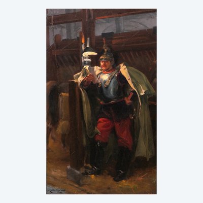 Marius Roy 1853-1921 Soldato che legge una lettera la sera nella stalla, dipinto militaria cavallo esercito