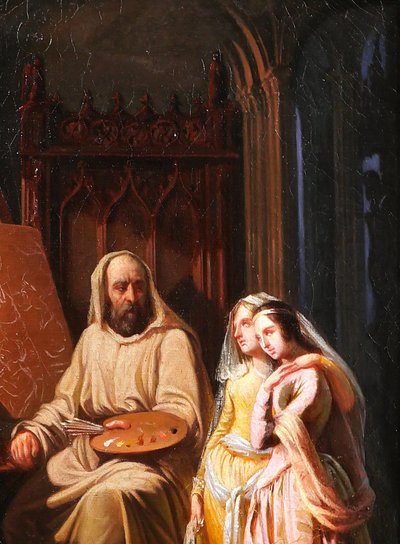 Scuola dei Trovatori 1830 circa Pittore nel suo studio, Fra Bartolomeo ? pittura Rinascimento Romanticismo