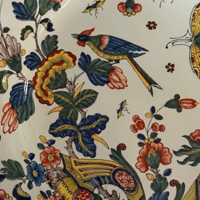 Large dish in Rouen earthenware, polychrome cornucopia 18th century