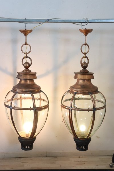 Grandes Lanternes Vintage en Cuivre et Verre, 1940s, Set de 2