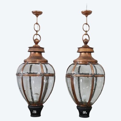 Grandes Lanternes Vintage en Cuivre et Verre, 1940s, Set de 2