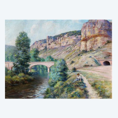 Auguste GAUDIBERT 1865-1908 Burgund, Yonne, Arcy-sur-Cure, Landschaft, Gemälde um 1900