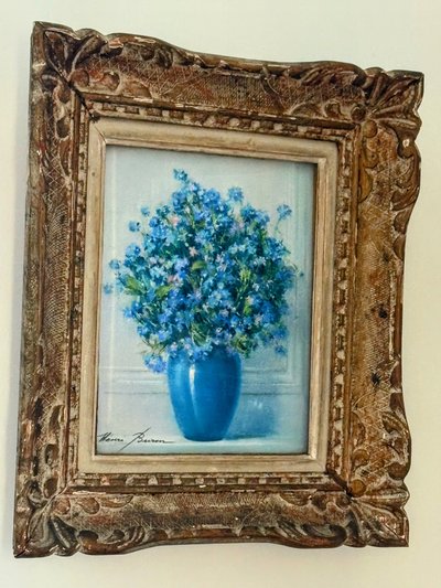 Coppia di pastelli floreali blu - Henri Buron (Rouen, XX secolo) - 1950 ca.