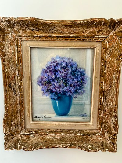 Coppia di pastelli floreali blu - Henri Buron (Rouen, XX secolo) - 1950 ca.