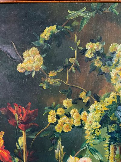 "Bouquets de fleurs sur entablement" (Blumensträuße auf einem Gesims), Öl auf gerahmter Leinwand. 20. Jahrhundert