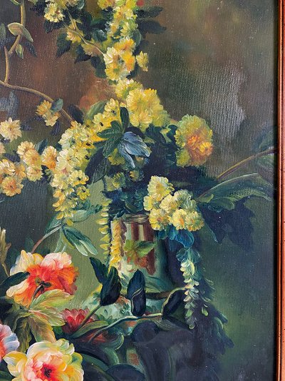 "Bouquets de fleurs sur entablement" (Blumensträuße auf einem Gesims), Öl auf gerahmter Leinwand. 20. Jahrhundert