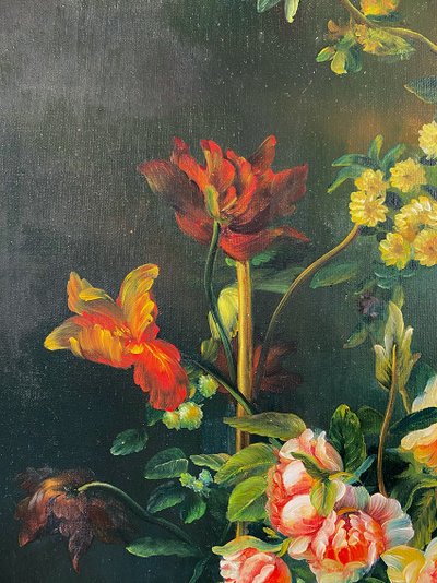 "Bouquets de fleurs sur entablement" (Blumensträuße auf einem Gesims), Öl auf gerahmter Leinwand. 20. Jahrhundert