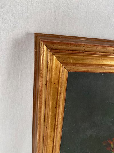 "Bouquets de fleurs sur entablement" (Blumensträuße auf einem Gesims), Öl auf gerahmter Leinwand. 20. Jahrhundert