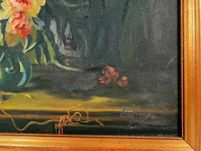 "Bouquets de fleurs sur entablement" (Blumensträuße auf einem Gesims), Öl auf gerahmter Leinwand. 20. Jahrhundert