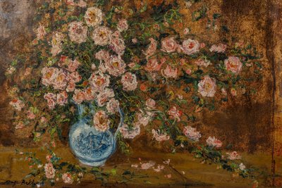 Serge Belloni (1925-2005) - Bouquet of Roses in a Delft Vase, Oil on Canvas circa 1970