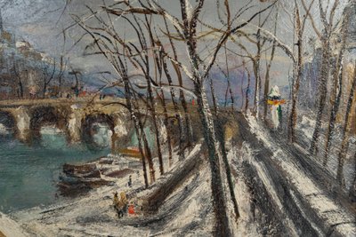 Serge Belloni (1925-2005) - The Pont Marie and the snow-covered Ile Saint-Louis Oil on Wood, circa 1