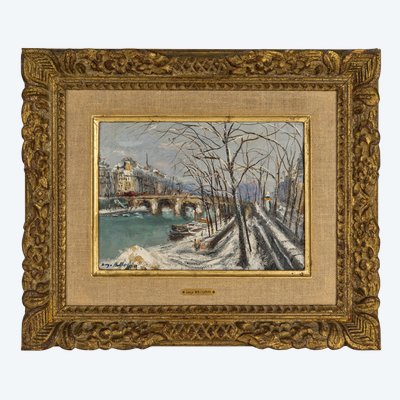 Serge Belloni (1925-2005) - The Pont Marie and the snow-covered Ile Saint-Louis Oil on Wood, circa 1