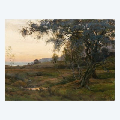 Albert WALLET 1852-1918 Sunset landscape at Dennemont, large painting, 1896 Barbizon Salon