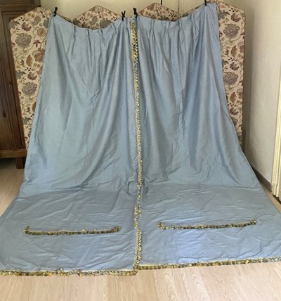 Pair of sky-blue cotton and silk thermal blackout curtains with decorative braids