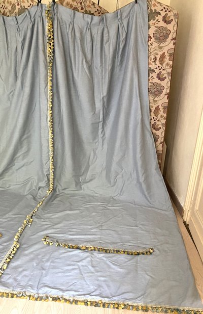 Pair of sky-blue cotton and silk thermal blackout curtains with decorative braids