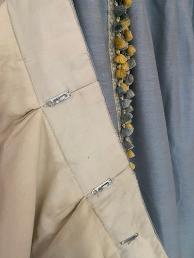 Pair of sky-blue cotton and silk thermal blackout curtains with decorative braids