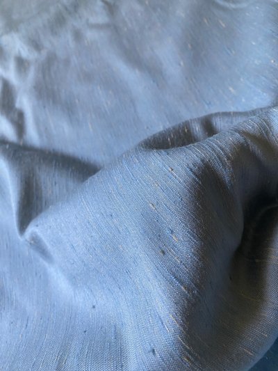 Pair of sky-blue cotton and silk thermal blackout curtains with decorative braids