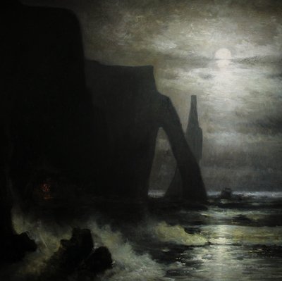 Französische Küstenszene von Étretat bei Mondschein von Karl Heilmayer aus dem Jahr 1898