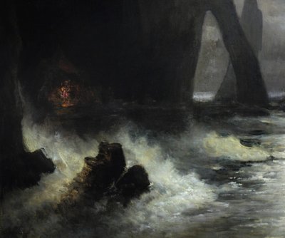 Französische Küstenszene von Étretat bei Mondschein von Karl Heilmayer aus dem Jahr 1898