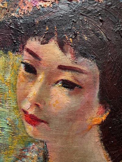 La Tonquinoise - Portrait d'une jeune femme asiatique, oil on canvas circa 1950, signed "Morin
